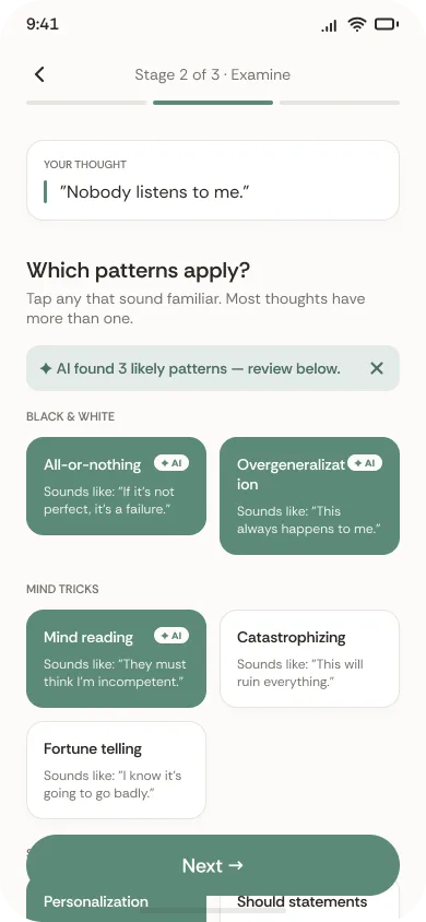 Examine stage: patterns to choose from, with likely ones suggested
